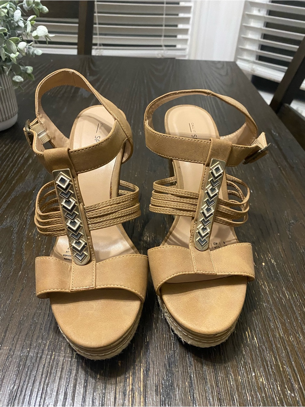 Call It Spring Tan Braided T-Strap Wedge Sandals with Geometric Metal Trim